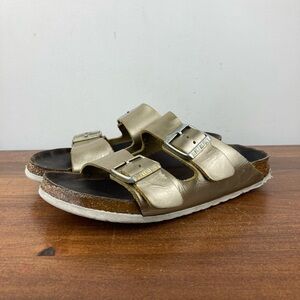 Birkenstock Arizona Metallic Gold Leather Soft Footbed Sandals Size 37 Women’s 6